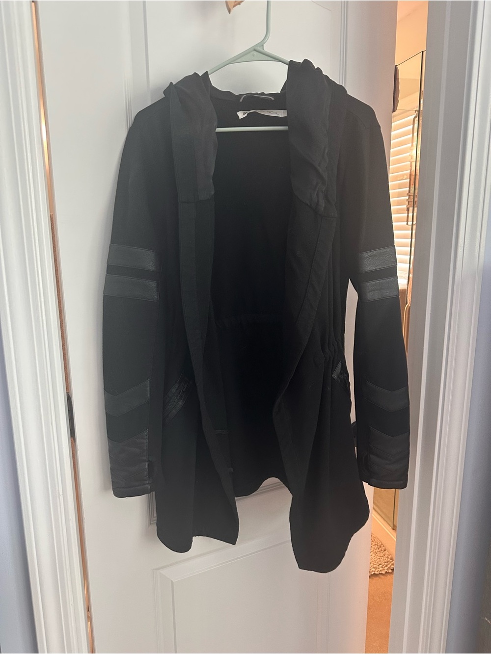 blanc noir Mario Traveler Black Hooded Open Front Coat with Accent Panels